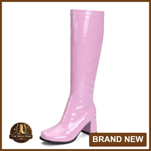 Knee High Chunky Heel Square Toe Disco Boots Size 6-11 PU Leather